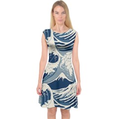 Japanese Wave Pattern Capsleeve Midi Dress by Wav3s