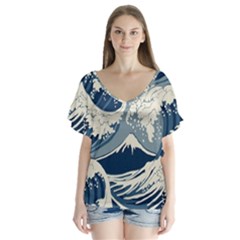 Japanese Wave Pattern V-neck Flutter Sleeve Top by Wav3s