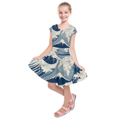 Japanese Wave Pattern Kids  Short Sleeve Dress by Wav3s