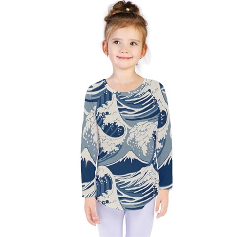 Japanese Wave Pattern Kids  Long Sleeve Tee by Wav3s