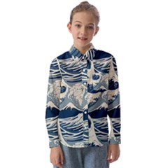 Japanese Wave Pattern Kids  Long Sleeve Shirt by Wav3s