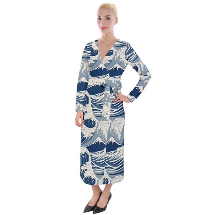 Japanese Wave Pattern Velvet Maxi Wrap Dress