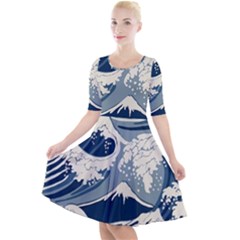 Japanese Wave Pattern Quarter Sleeve A-line Dress by Wav3s