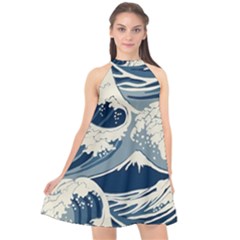 Japanese Wave Pattern Halter Neckline Chiffon Dress  by Wav3s