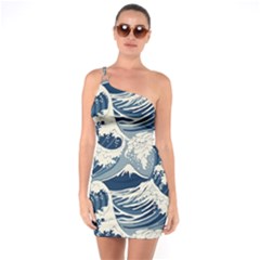 Japanese Wave Pattern One Shoulder Ring Trim Bodycon Dress by Wav3s