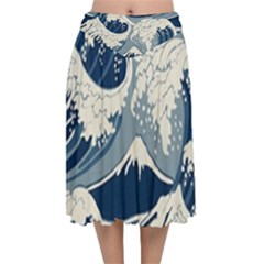 Japanese Wave Pattern Velvet Flared Midi Skirt by Wav3s