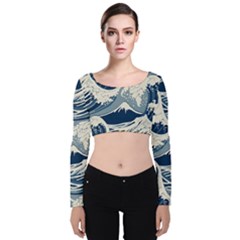 Japanese Wave Pattern Velvet Long Sleeve Crop Top