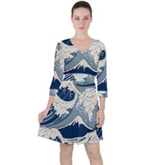 Japanese Wave Pattern Quarter Sleeve Ruffle Waist Dress