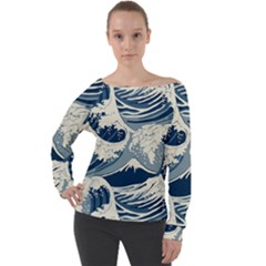 Japanese Wave Pattern Off Shoulder Long Sleeve Velour Top by Wav3s