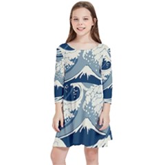 Japanese Wave Pattern Kids  Quarter Sleeve Skater Dress by Wav3s