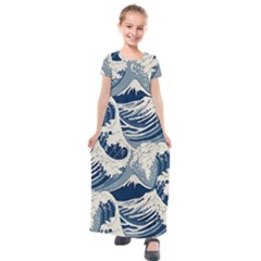 Japanese Wave Pattern Kids  Short Sleeve Maxi Dress by Wav3s