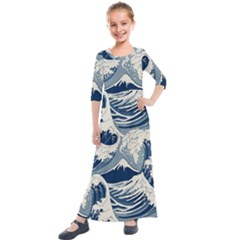 Japanese Wave Pattern Kids  Quarter Sleeve Maxi Dress by Wav3s