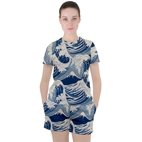 Japanese Wave Pattern Women s Tee And Shorts Set by Wav3s