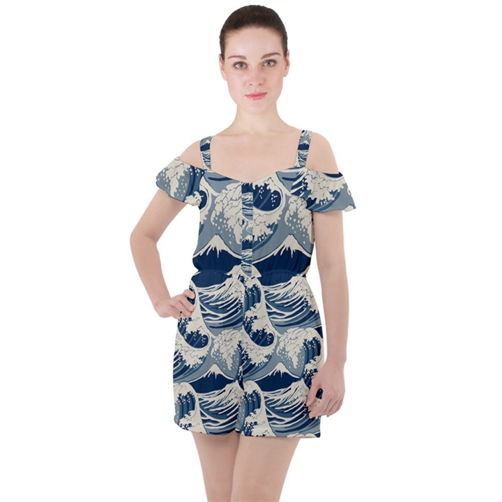 Japanese Wave Pattern Ruffle Cut Out Chiffon Playsuit