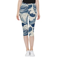 Japanese Wave Pattern Inside Out Lightweight Velour Capri Leggings  by Wav3s