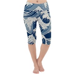 Japanese Wave Pattern Lightweight Velour Cropped Yoga Leggings by Wav3s