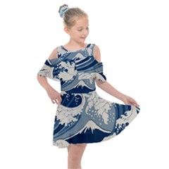 Japanese Wave Pattern Kids  Shoulder Cutout Chiffon Dress by Wav3s