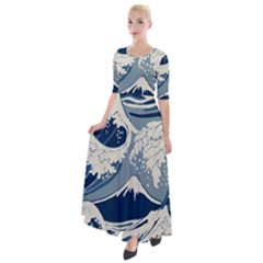 Japanese Wave Pattern Half Sleeves Maxi Dress by Wav3s