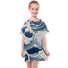 Japanese Wave Pattern Kids  One Piece Chiffon Dress by Wav3s