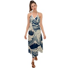 Japanese Wave Pattern Halter Tie Back Dress  by Wav3s