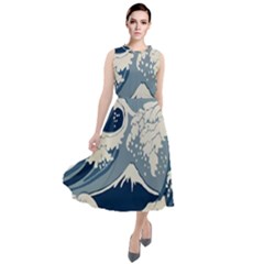 Japanese Wave Pattern Round Neck Boho Dress by Wav3s