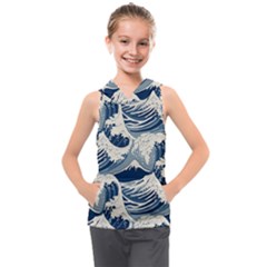 Japanese Wave Pattern Kids  Sleeveless Hoodie by Wav3s