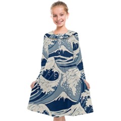 Japanese Wave Pattern Kids  Midi Sailor Dress by Wav3s