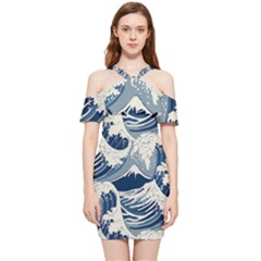 Japanese Wave Pattern Shoulder Frill Bodycon Summer Dress by Wav3s