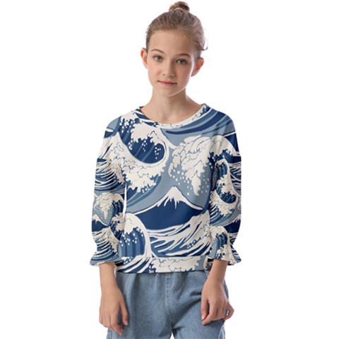 Japanese Wave Pattern Kids  Cuff Sleeve Top by Wav3s