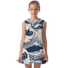 Japanese Wave Pattern Kids  Pilgrim Collar Ruffle Hem Dress by Wav3s