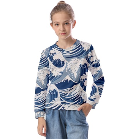 Japanese Wave Pattern Kids  Long Sleeve Tee With Frill  by Wav3s