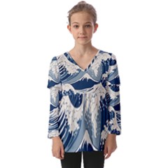 Japanese Wave Pattern Kids  V Neck Casual Top by Wav3s