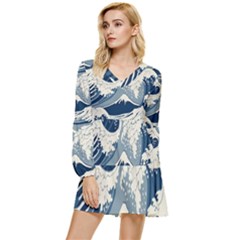 Japanese Wave Pattern Tiered Long Sleeve Mini Dress by Wav3s