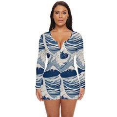 Japanese Wave Pattern Long Sleeve Boyleg Swimsuit by Wav3s