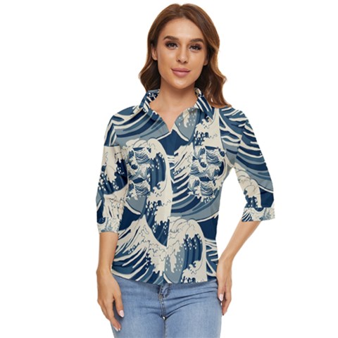 Japanese Wave Pattern Women s Quarter Sleeve Pocket Shirt by Wav3s