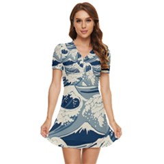 Japanese Wave Pattern V-neck High Waist Chiffon Mini Dress by Wav3s