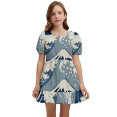 Japanese Wave Pattern Kids  Short Sleeve Dolly Dress by Wav3s