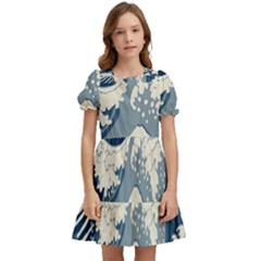 Japanese Wave Pattern Kids  Puff Sleeved Dress by Wav3s