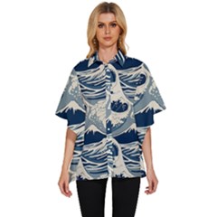 Japanese Wave Pattern Women s Batwing Button Up Shirt