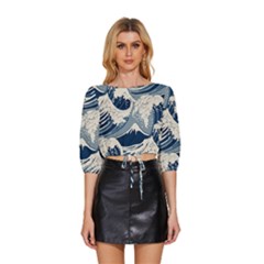 Japanese Wave Pattern Mid Sleeve Drawstring Hem Top by Wav3s