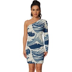 Japanese Wave Pattern Long Sleeve One Shoulder Mini Dress by Wav3s