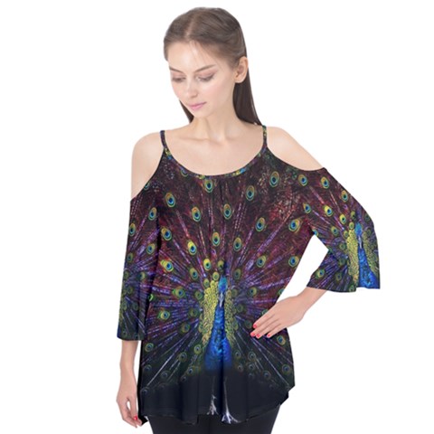 Peacock Feathers Flutter Sleeve Tee  by Wav3s