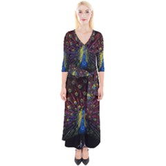 Peacock Feathers Quarter Sleeve Wrap Maxi Dress by Wav3s