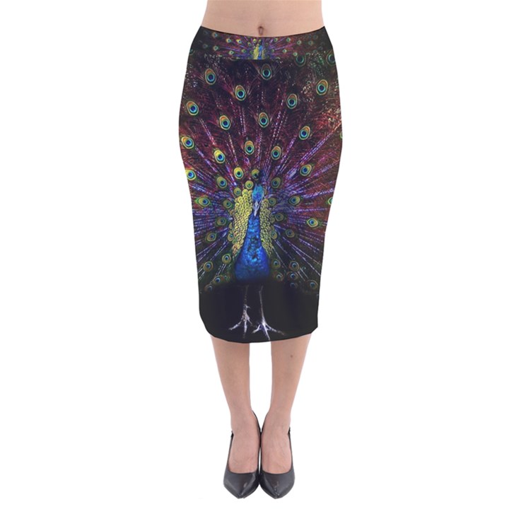 Peacock Feathers Velvet Midi Pencil Skirt