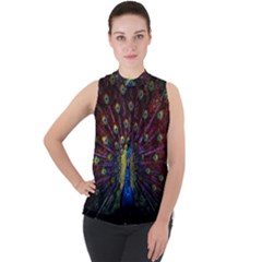 Peacock Feathers Mock Neck Chiffon Sleeveless Top by Wav3s