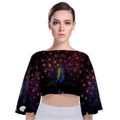 Peacock Feathers Tie Back Butterfly Sleeve Chiffon Top by Wav3s