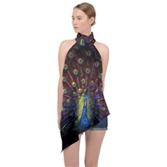 Peacock Feathers Halter Asymmetric Satin Top by Wav3s