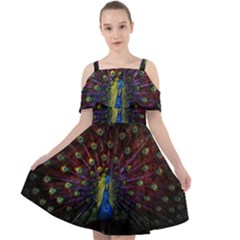 Peacock Feathers Cut Out Shoulders Chiffon Dress