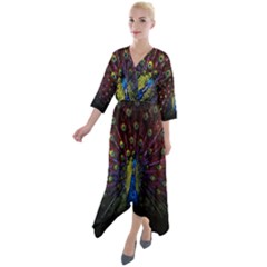 Peacock Feathers Quarter Sleeve Wrap Front Maxi Dress by Wav3s