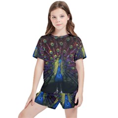 Peacock Feathers Kids  Tee And Sports Shorts Set by Wav3s